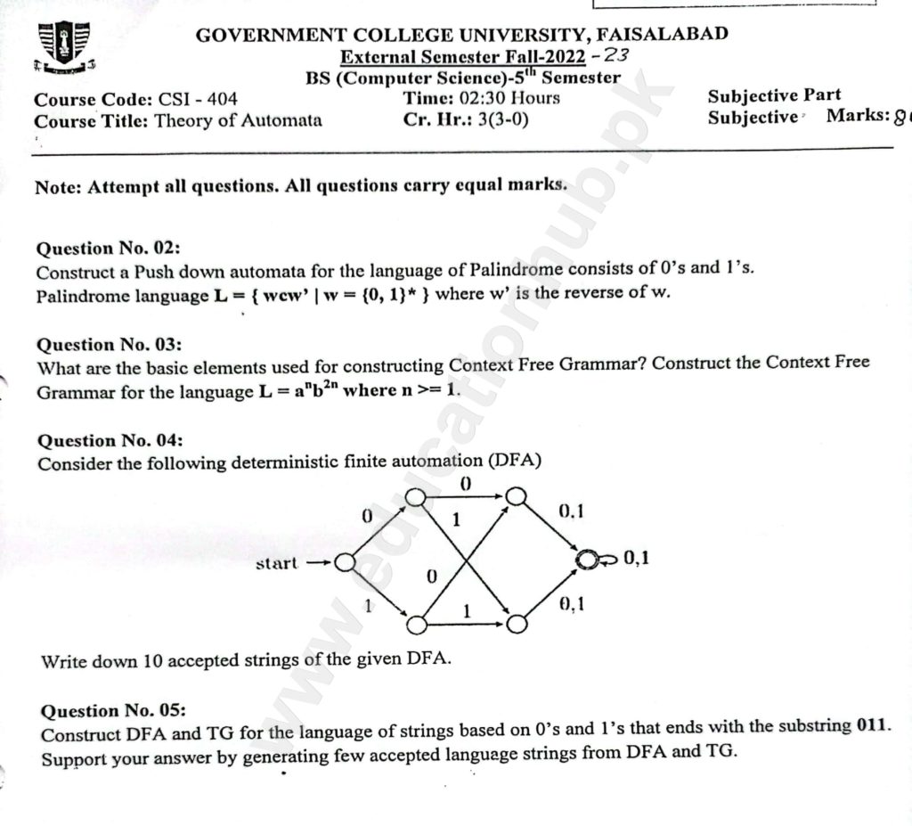 Theory of Automata BS Computer Science GCUF Subjective Past Paper 2023