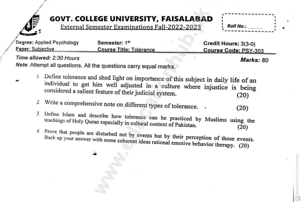 Tolerance BS Psychology GCUF Subjective Past Paper 2023