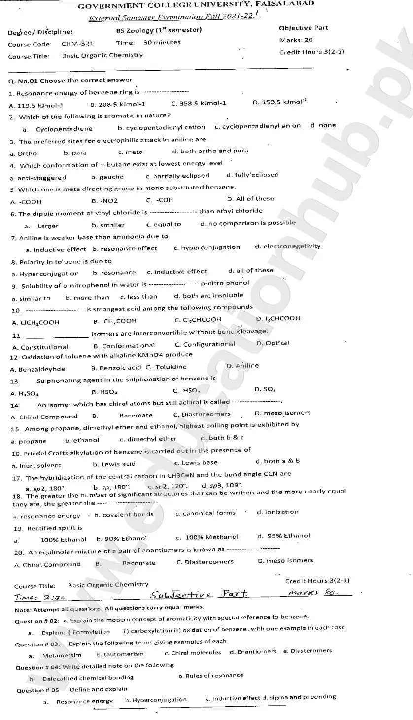 Basic Organic Chemistry BS Zoology GCUF Subjective Plus Objective Past Paper 2022