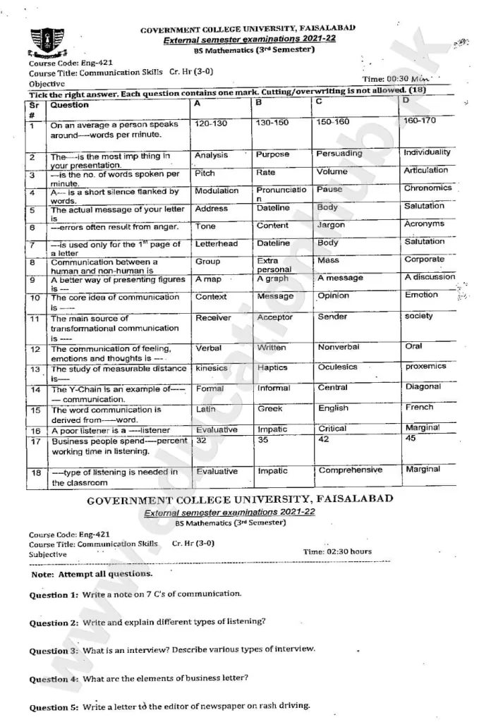 Communication Skills BS Math GCUF Objective Plus Subjective Past Paper 2022