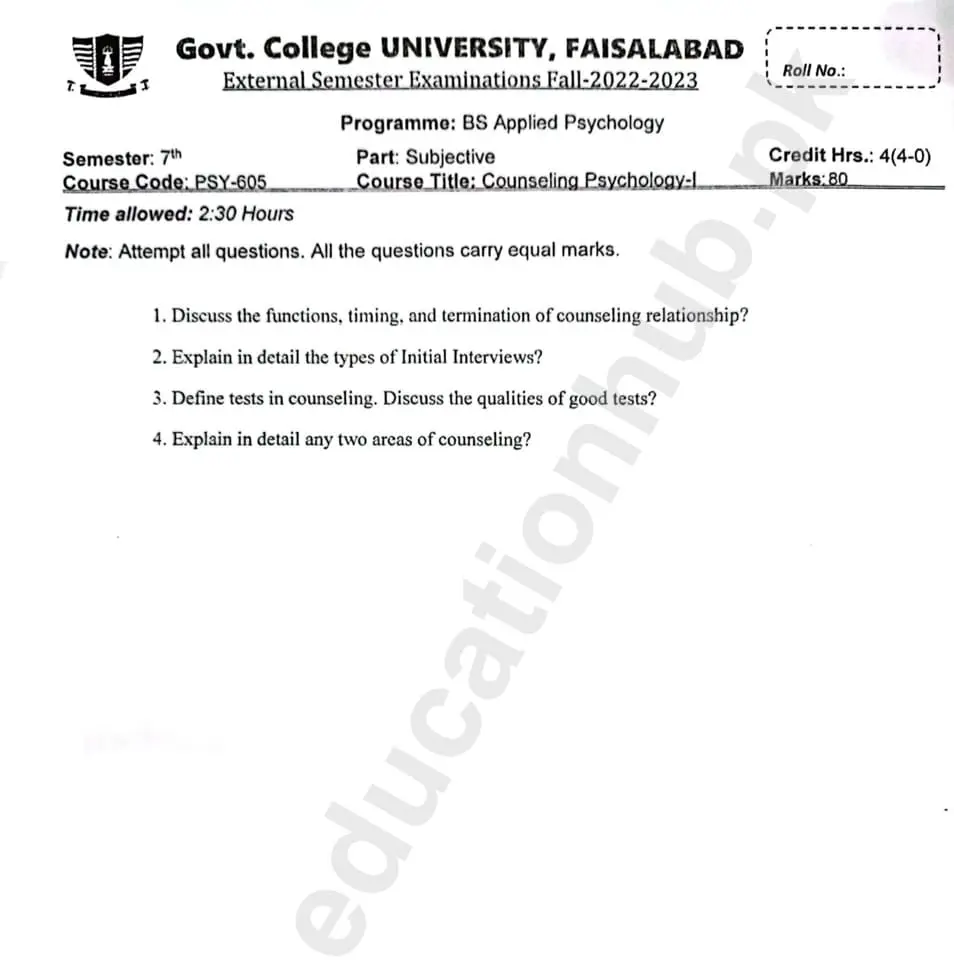 Counselling Psychology I BS Psychology GCUF Subjective Past Paper 2023