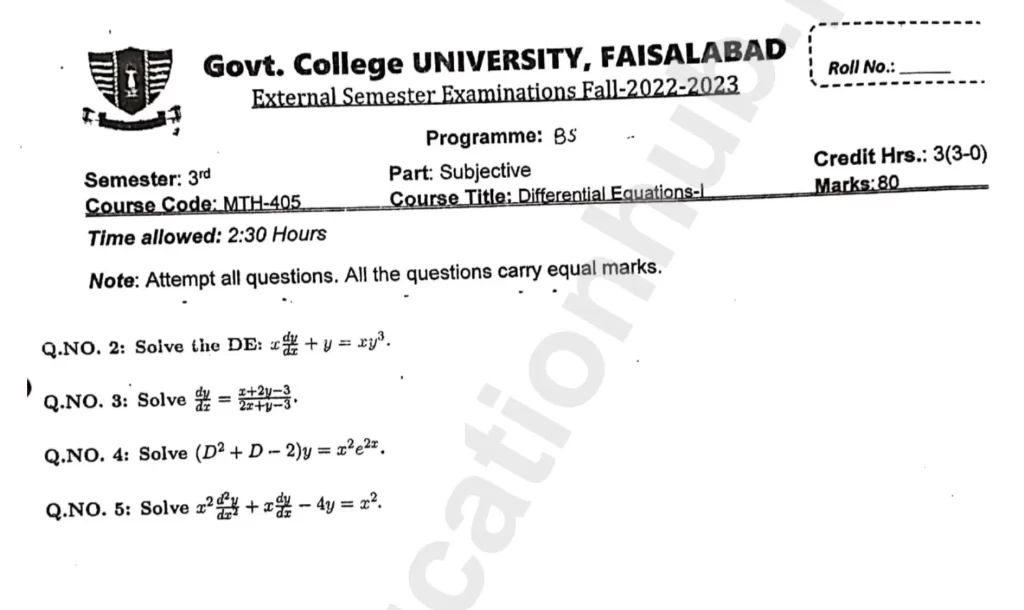 Differential Equations 1 BS Math GCUF Subjective Past Paper 2023