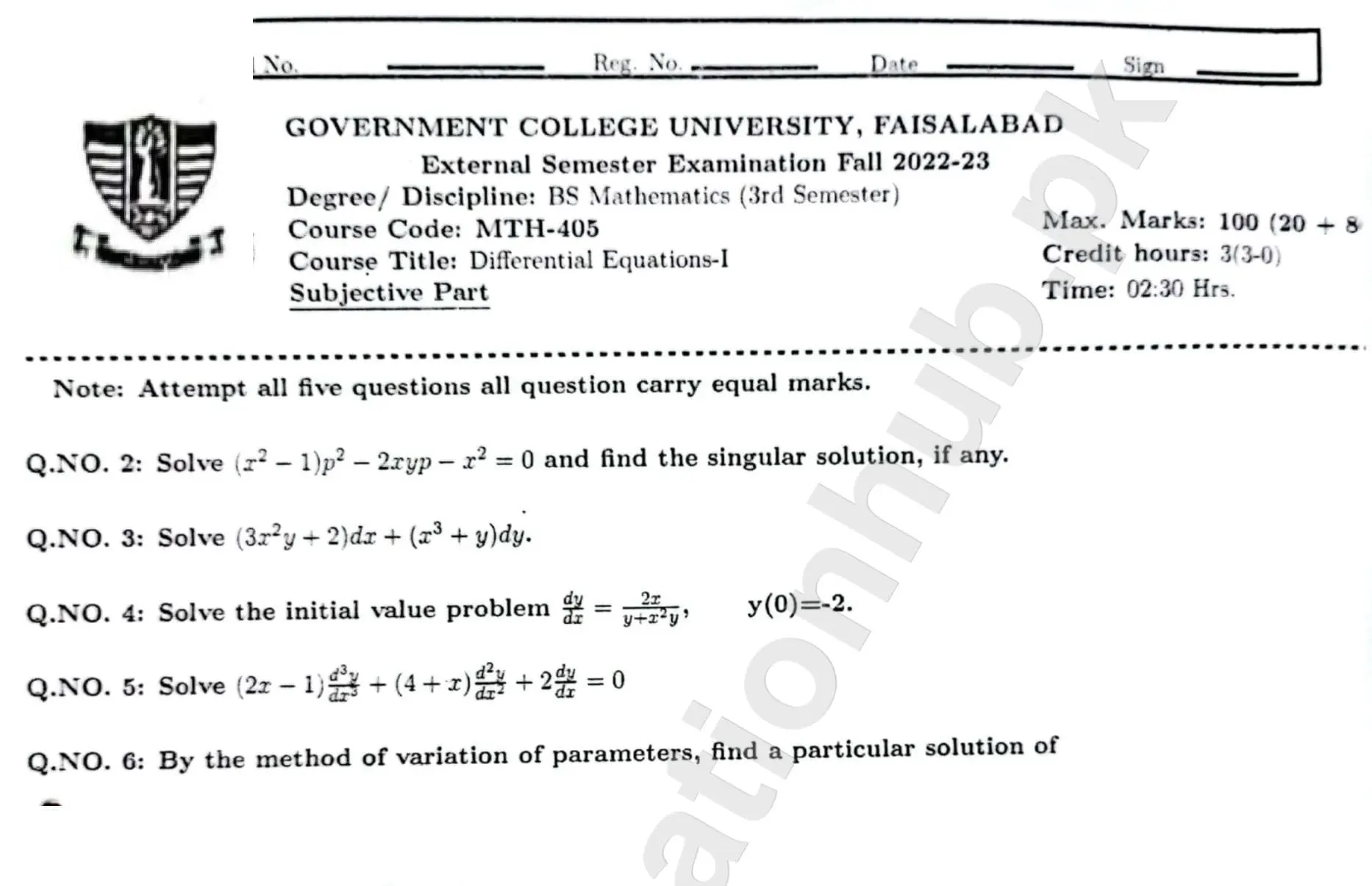 Differential Equations 1 BS Math GCUF Subjective Past Paper 2023 (2)