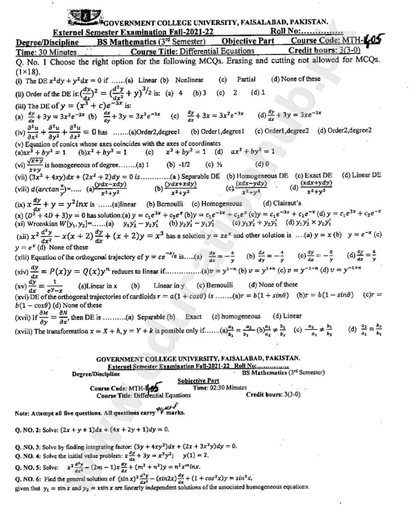 Differential Equations BS Math GCUF Objective Plus Subjective Past Paper 2022