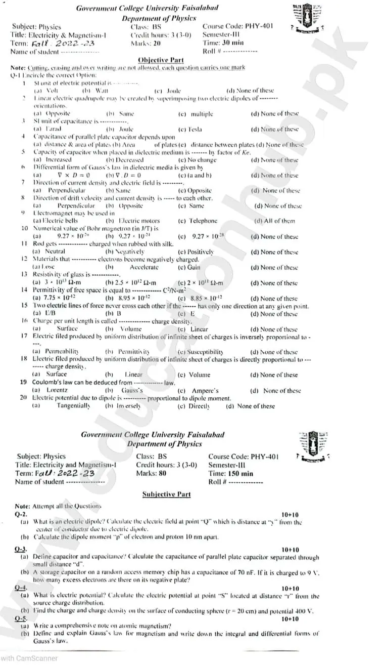 Electricity And Magnatism I BS Physics GCUF Subjective Plus Objective Past Paper 2023