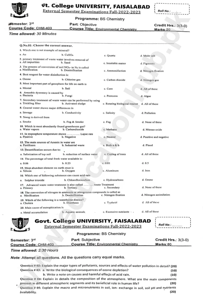 Environmental Chemistry BS Chemistry GCUF Objective and Subjective Past Paper 2023