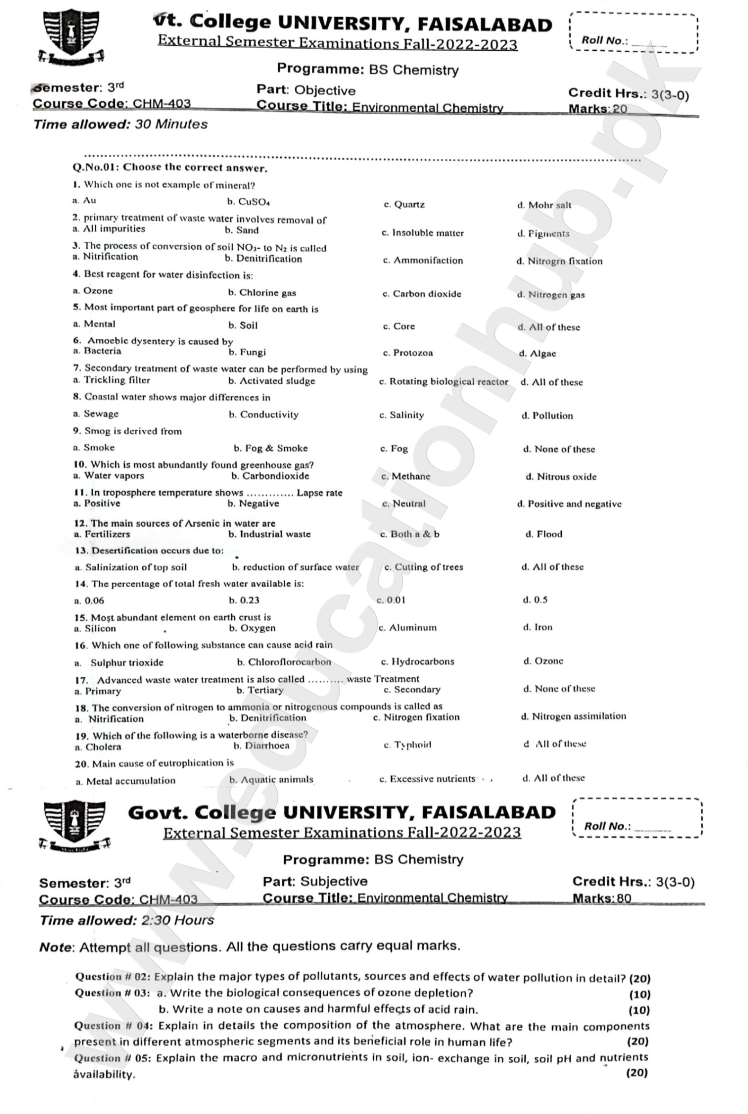 Environmental Chemistry BS Chemistry GCUF Objective and Subjective Past Paper 2023