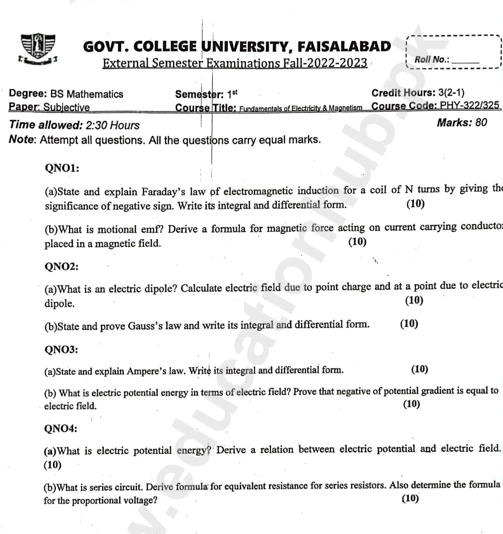 Fundamental of Electricity and Magnetism BS Math GCUF Subjective Past Paper 2023