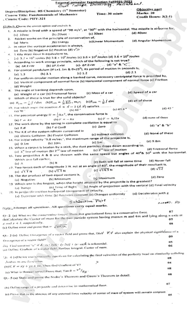 Fundamentals of Mechanics BS Chemistry GCUF Objective and Subjective Past Paper 2022