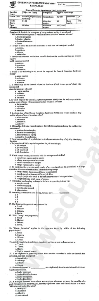 Industiral Psychology BS Psychology GCUF Objective Past Paper 2023