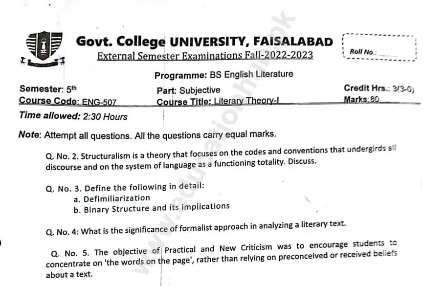 ENG-507 Literary Theory-I BS English GCUF Past Paper 2023 – Education Hub