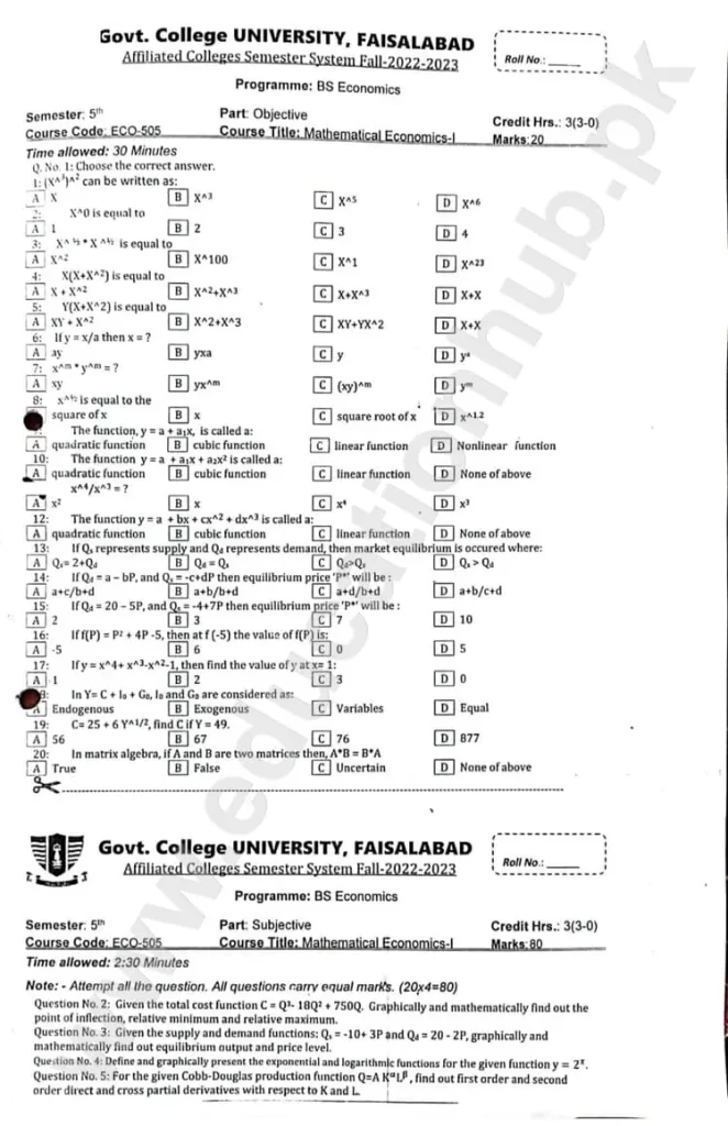 Mathematical Economics-I BS Economics GCUF Objective and Subjective Past Paper 2023