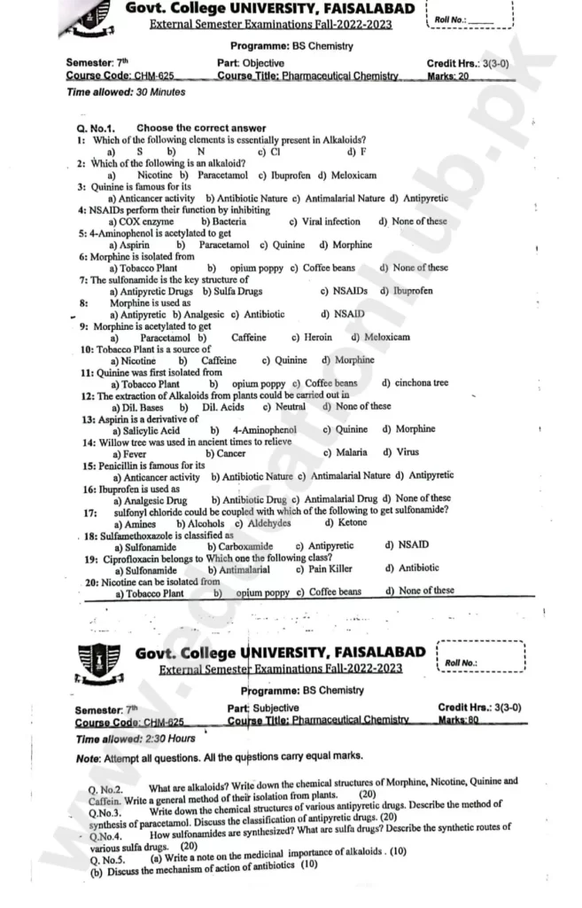 Pharmaceutical Chemistry BS Chemistry GCUF Objective and Subjective Past Paper 2023