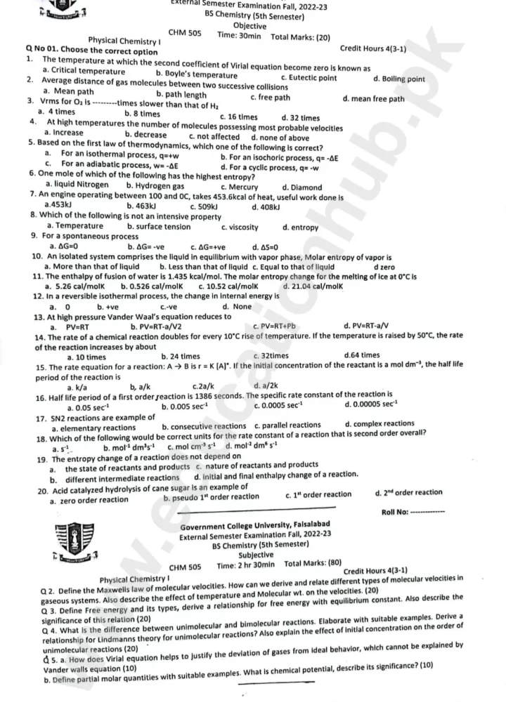 Physical Chemistry I BS Chemistry GCUF Objective and Subjective Past Paper 2023