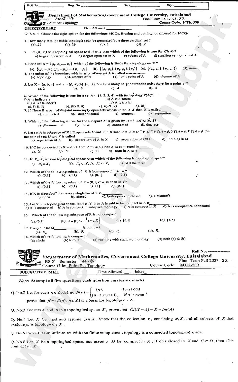 Point Set Topology BS Math GCUF Objective Plus Subjective Past Paper 2022