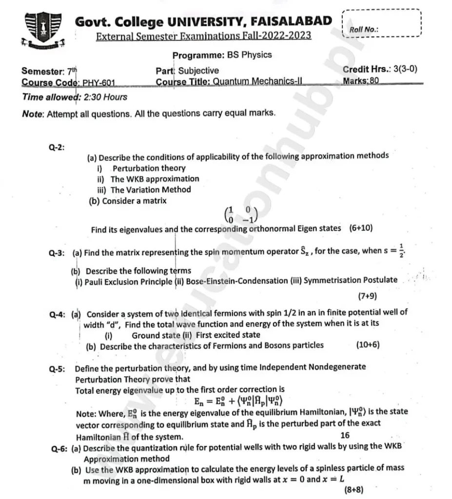 Quntam Mechanics II BS Physics GCUF Subjective Past Paper 2023