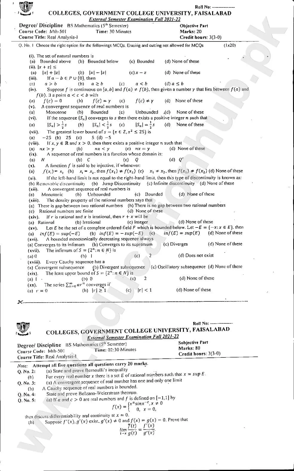 Real Analysis 1 BS Math GCUF Objective Plus Subjective Past Paper 2022 (2)