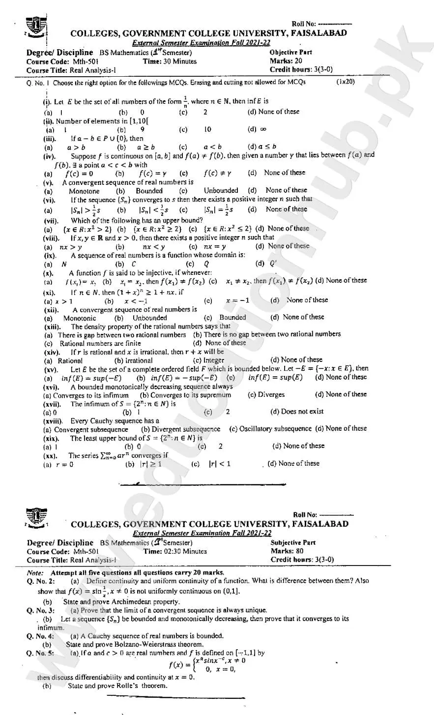 Real Analysis 1 BS Math GCUF Objective Plus Subjective Past Paper 2022