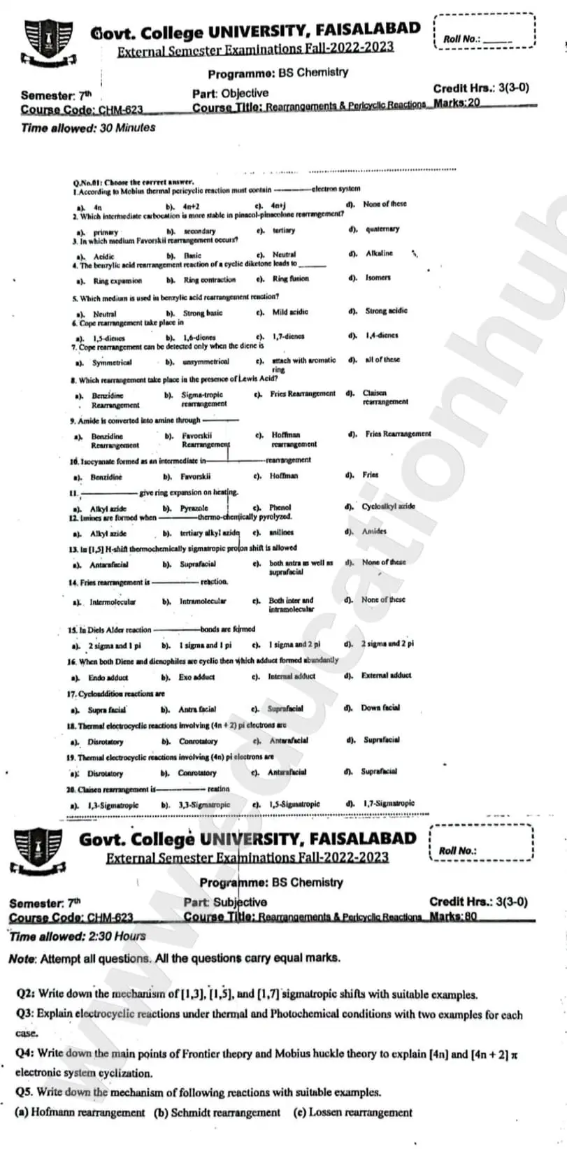 Rearrangements & Pericycllc Reactions BS Chemistry GCUF Objective and Subjective Past Paper 2023