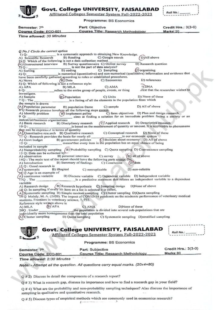 Research Methodology BS Economics GCUF Objective Past Paper 2023