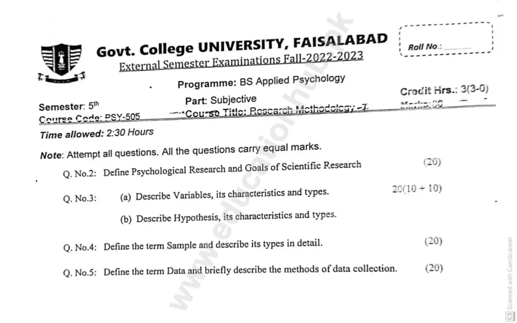 Research Methodology I BS Psychology GCUF Subjective Past Paper 2023