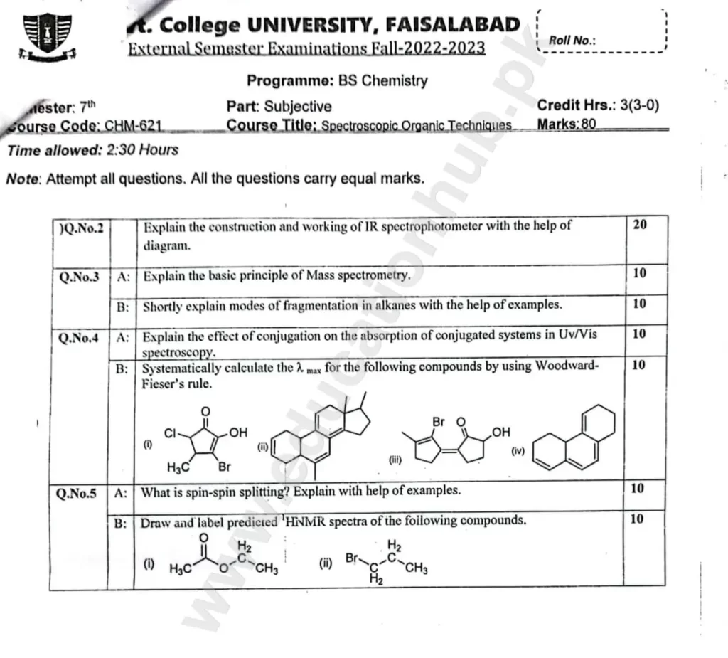 Spectroscopic Organic Techniques BS Chemistry GCUF Subjective Past Paper 2023