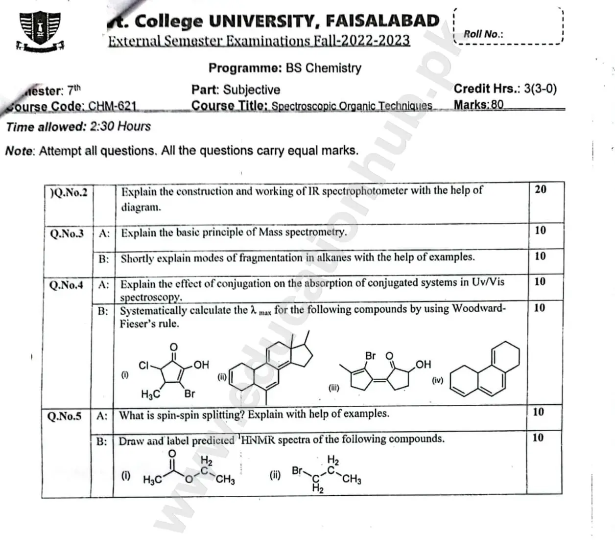 CHM-625 Spectroscopic Organic Techniques BS Chemistry GCUF Past Paper ...