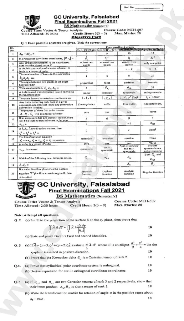 Vactor and Tensor Analysis BS Math GCUF Objective Plus Subjective Past Paper 2021