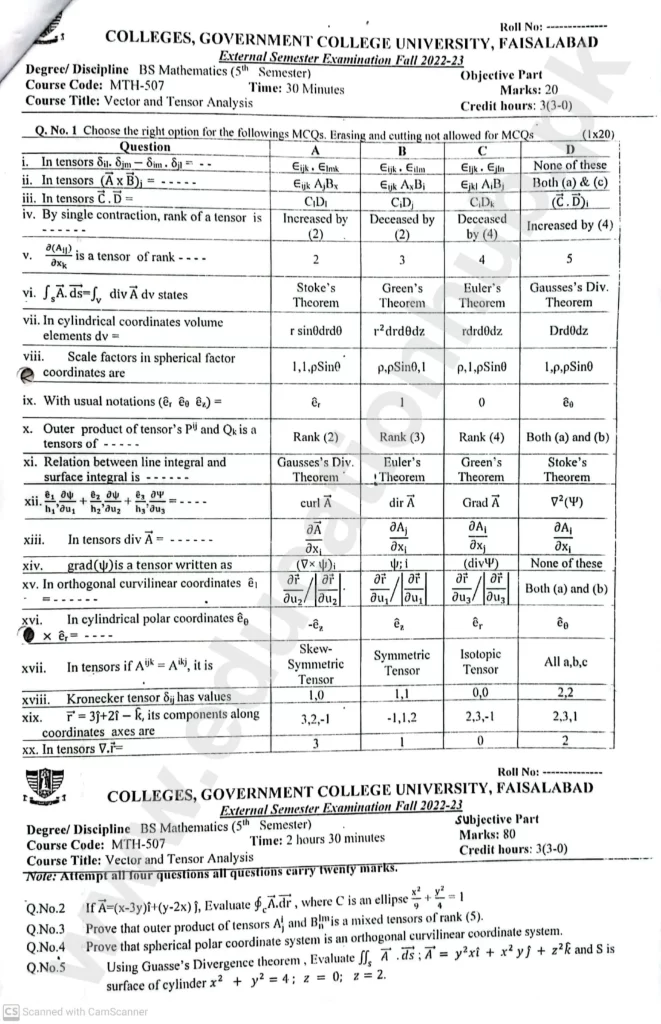 Vactor and Tensor Analysis BS Math GCUF Objective Plus Subjective Past Paper 2023