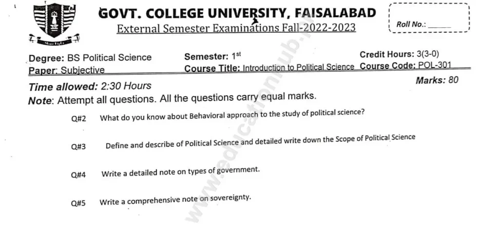 Introduction to Political Science BS Political Science GCUF Subjective Past Paper 2023