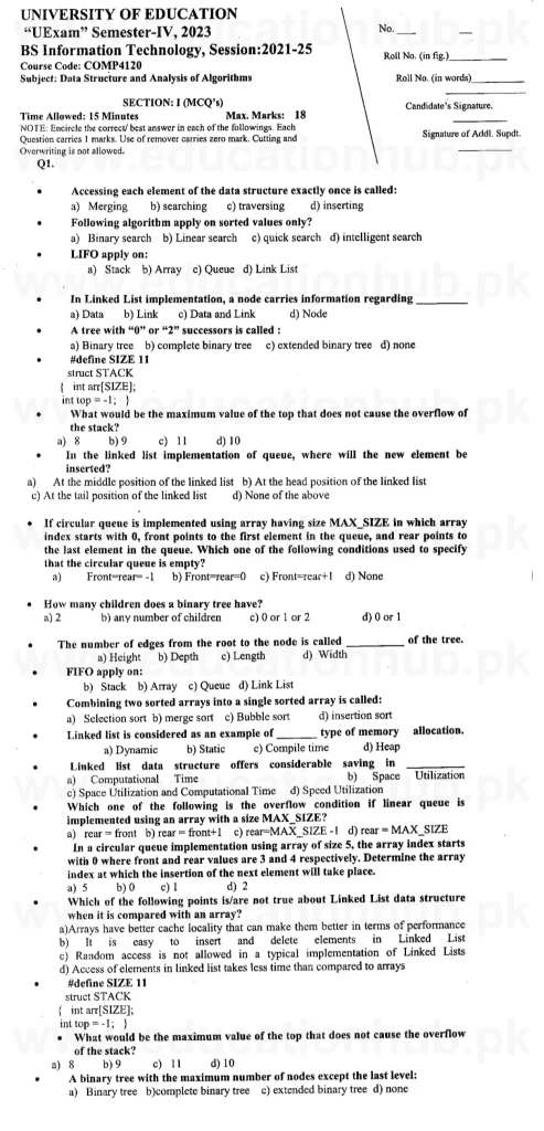 COMP-4120 Objective BS IT Education University PAst Paper 2023