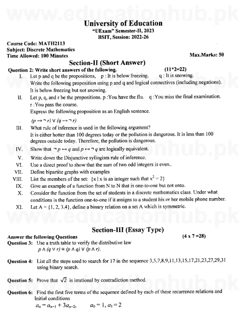 MATH-2113 Subjective BS IT Education University PAst Paper 2023