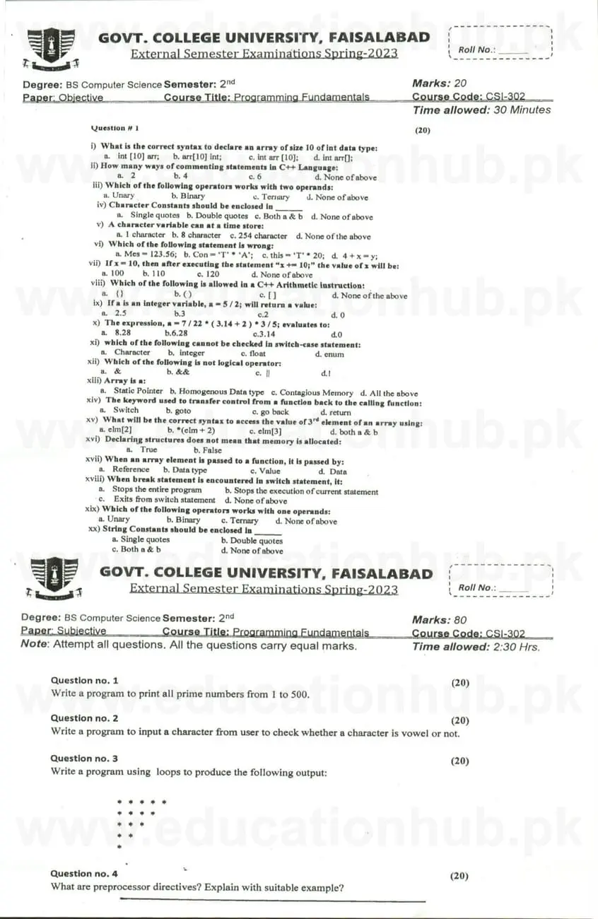 CSI-302 Programming Fundamentals BSCS GCUF Past Papers 2023