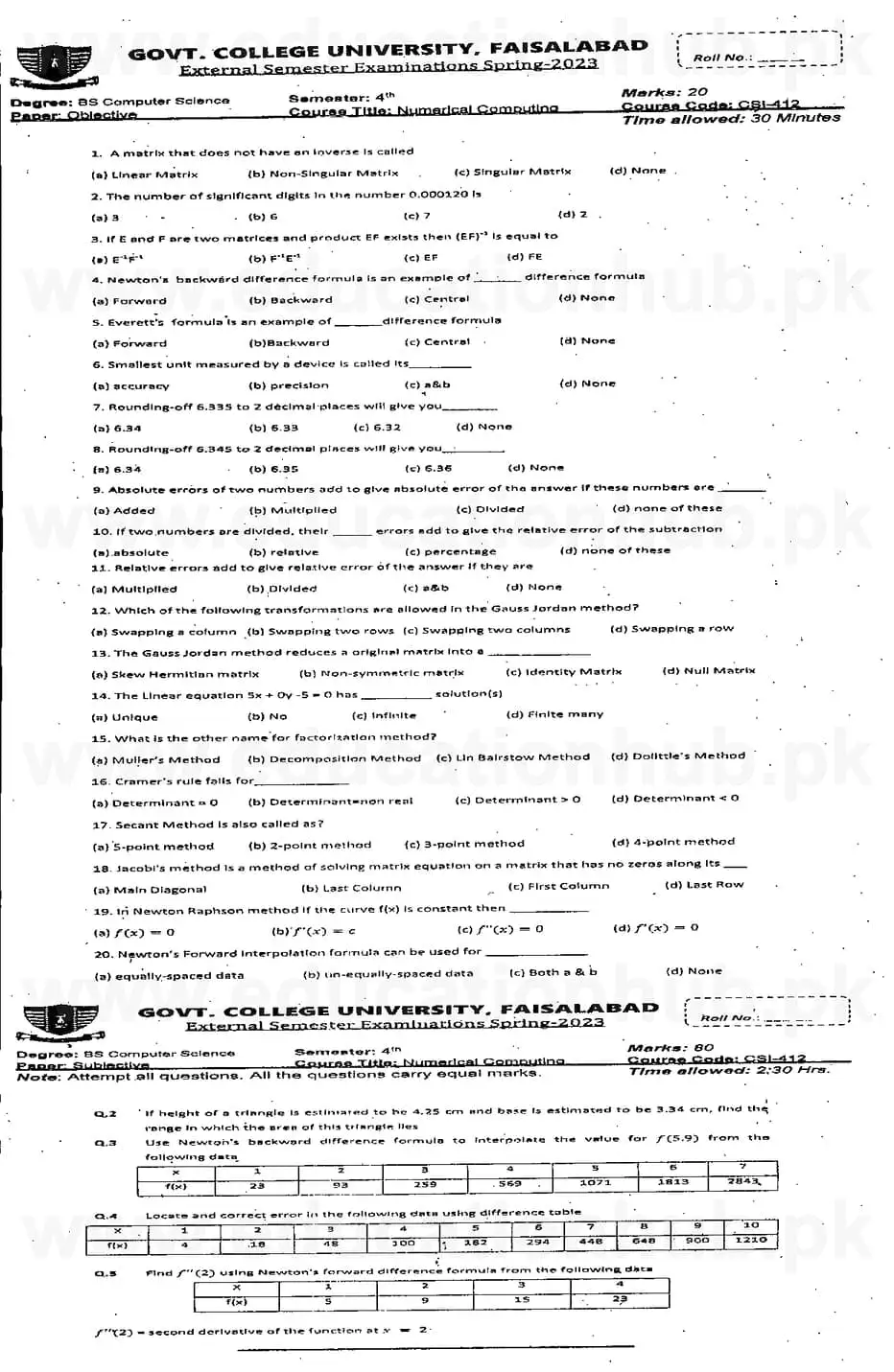 CSI-412 Numerical Computing BSCS GCUF Past Papers 2023 Kasur