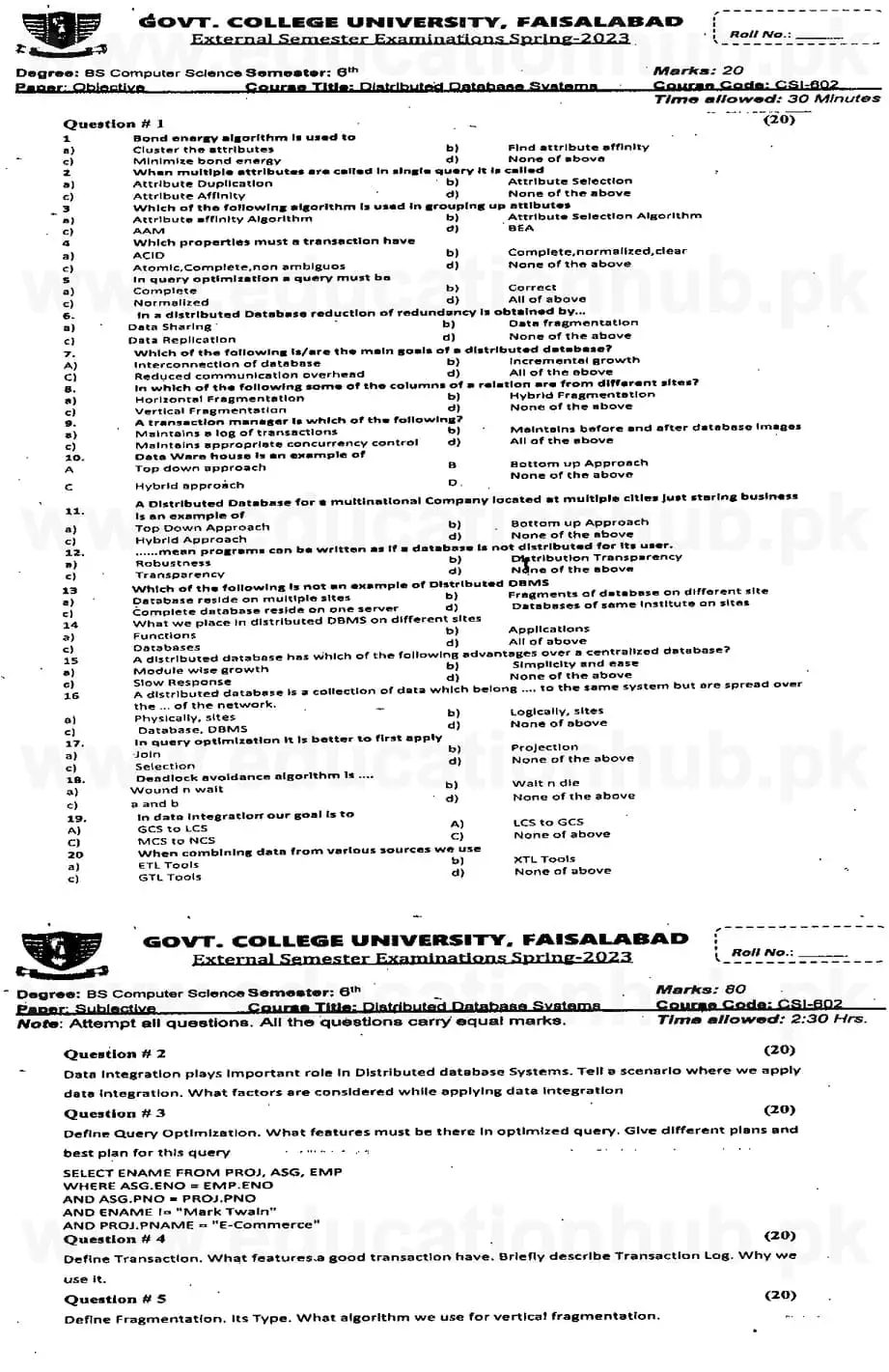 CSI-602 Distributed database systems BSCS GCUF Past Papers 2023 Kasur