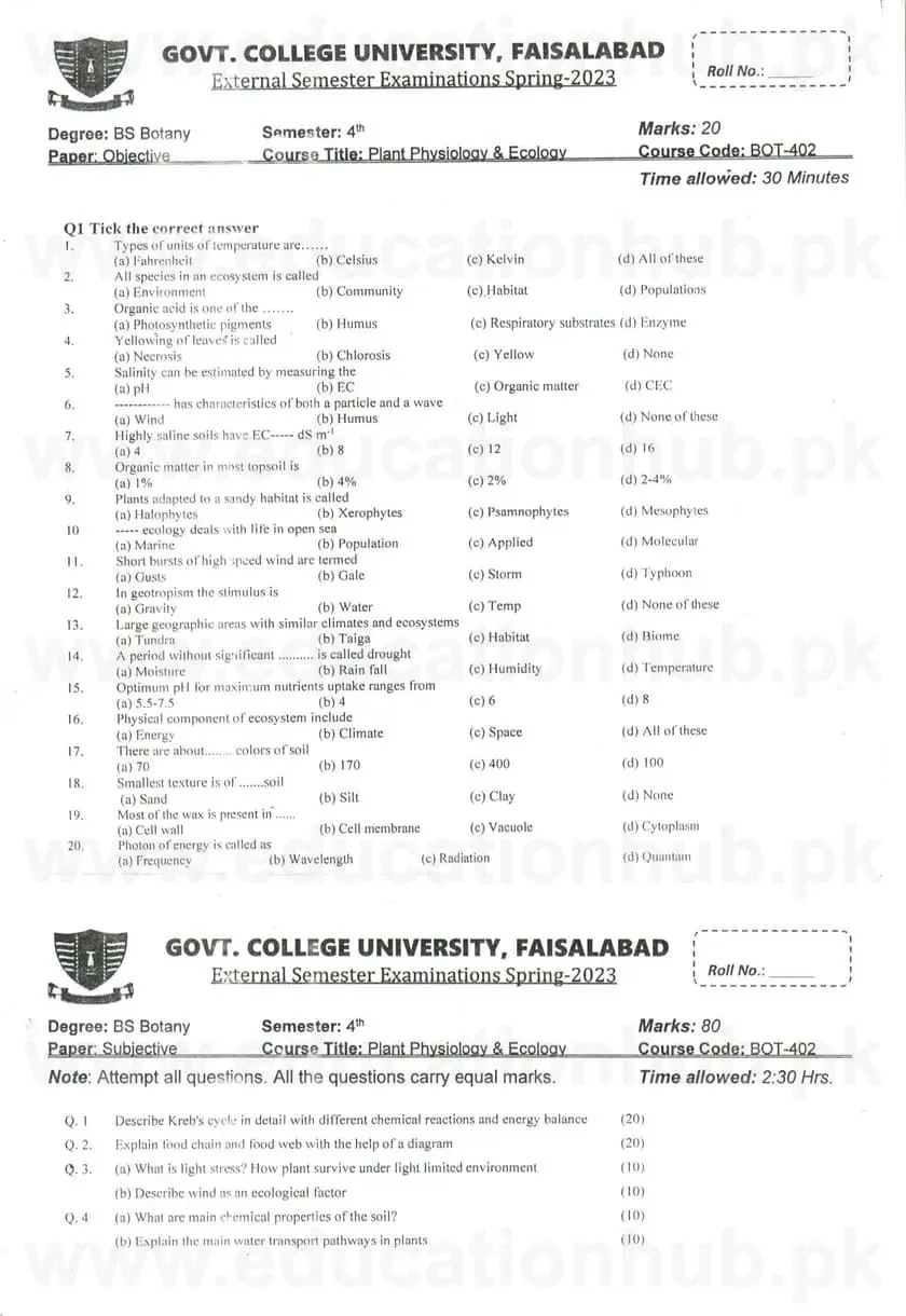 BOT-402 Plant Physiology and Ecology BS Botany GCUF Past Papers 2023