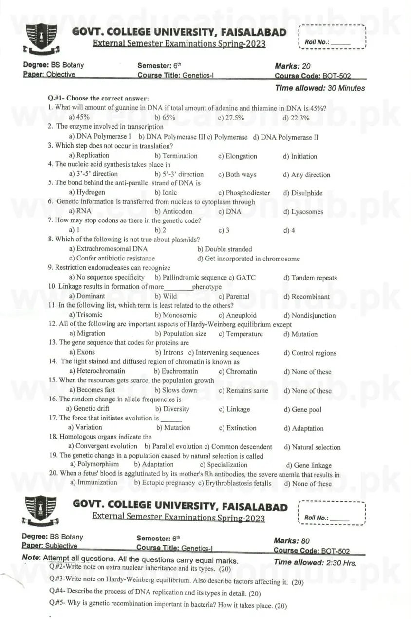 BOT-502 Genetics I BS Botany GCUF Past Papers 2023