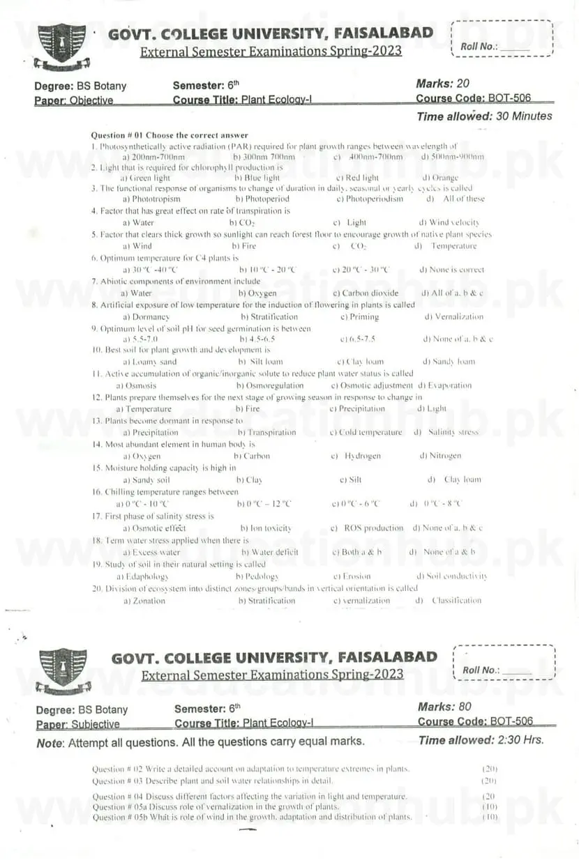 BOT-506 Plant Ecology I BS Botany GCUF Past Papers 2023