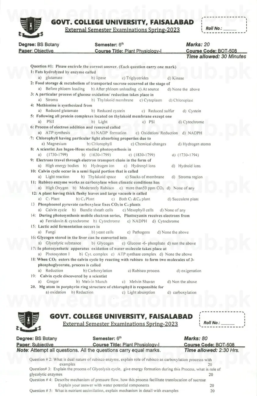 BOT-508 Plant Physology I BS Botany GCUF Past Papers 2023