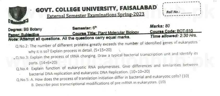 BOT-510 Plant Molicular Biology BS Botany GCUF Past Papers 2023