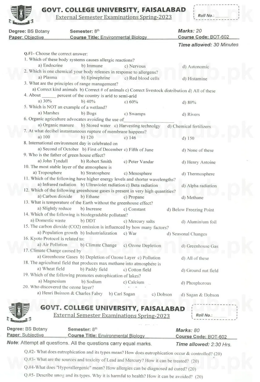 BOT-602 Environmental Biology BS Botany GCUF Past Papers 2023