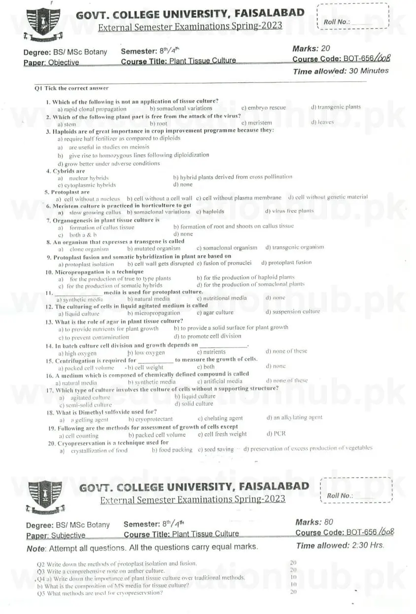 BOT-608 Plant Tissue Culture BS Botany GCUF Past Papers 2023