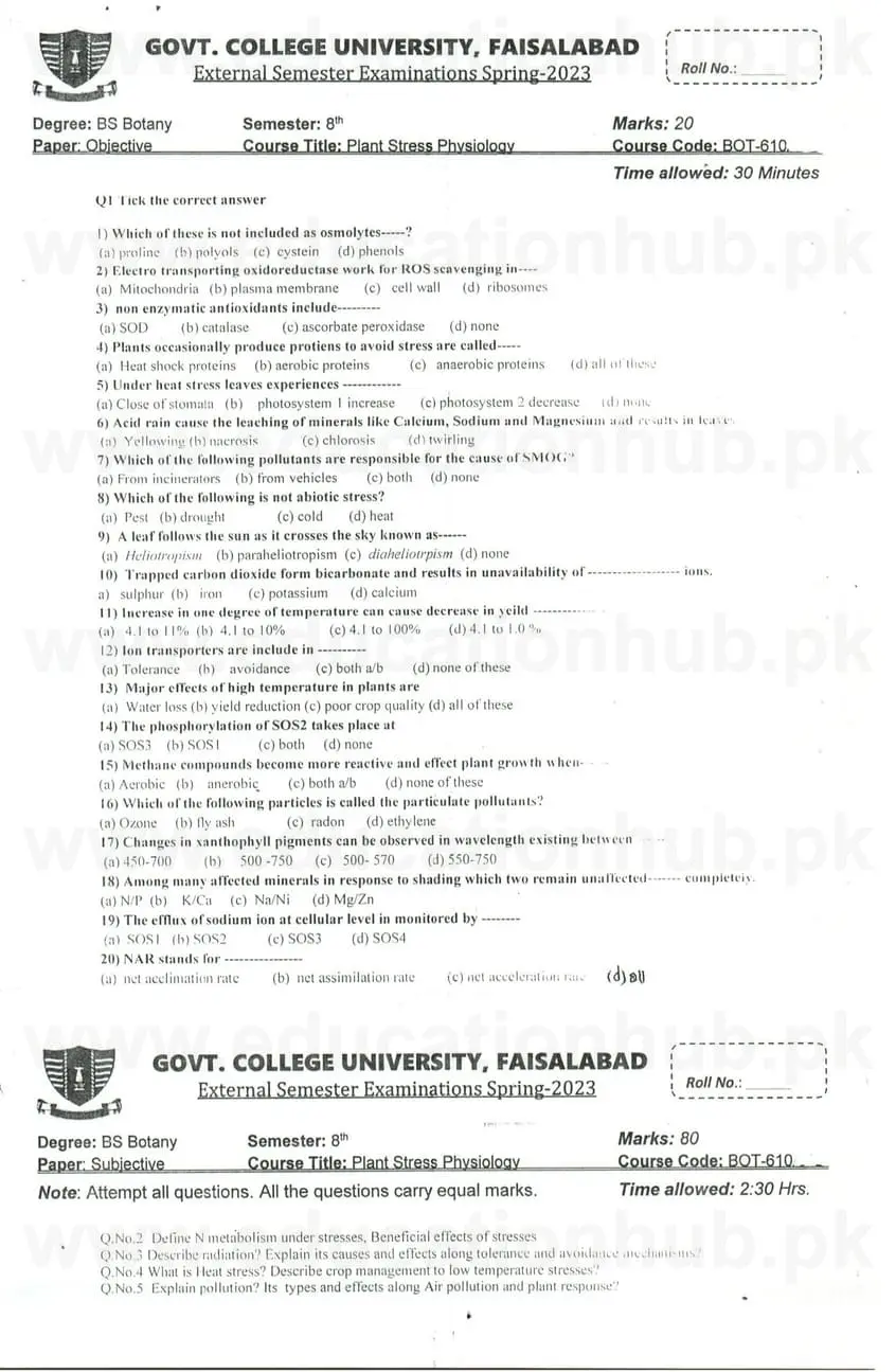 BOT-610 Plant Stress Physiology BS Botany GCUF Past Papers 2023.jpg