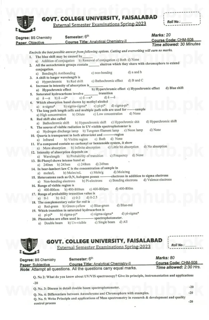 CHM-508 BS CHEMISTRY GCUF Past Paper 2023