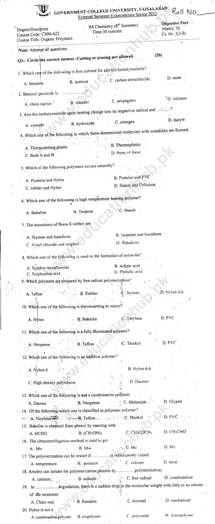 CHM-622 BS Chemistry GCUF Spring 2022 Past Papers