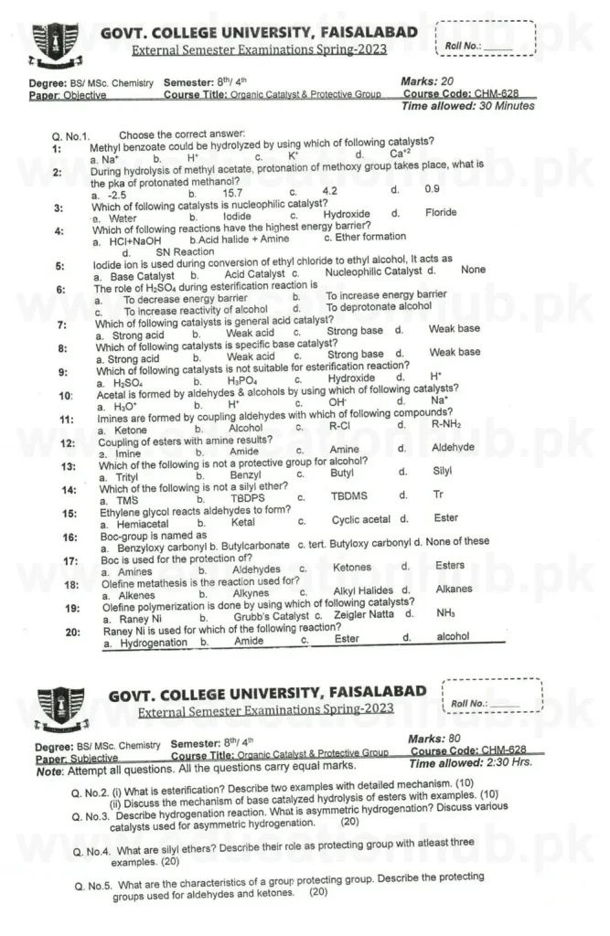 CHM-628 BS CHEMISTRY GCUF Past Paper 2023