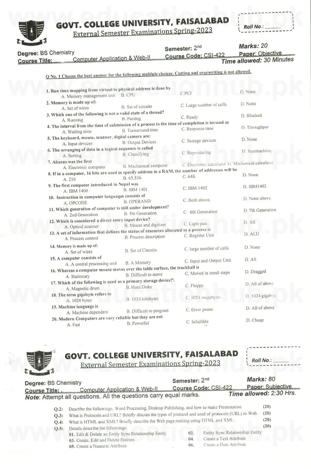 CSI-422 BS CHEMISTRY GCUF Past Paper 2023