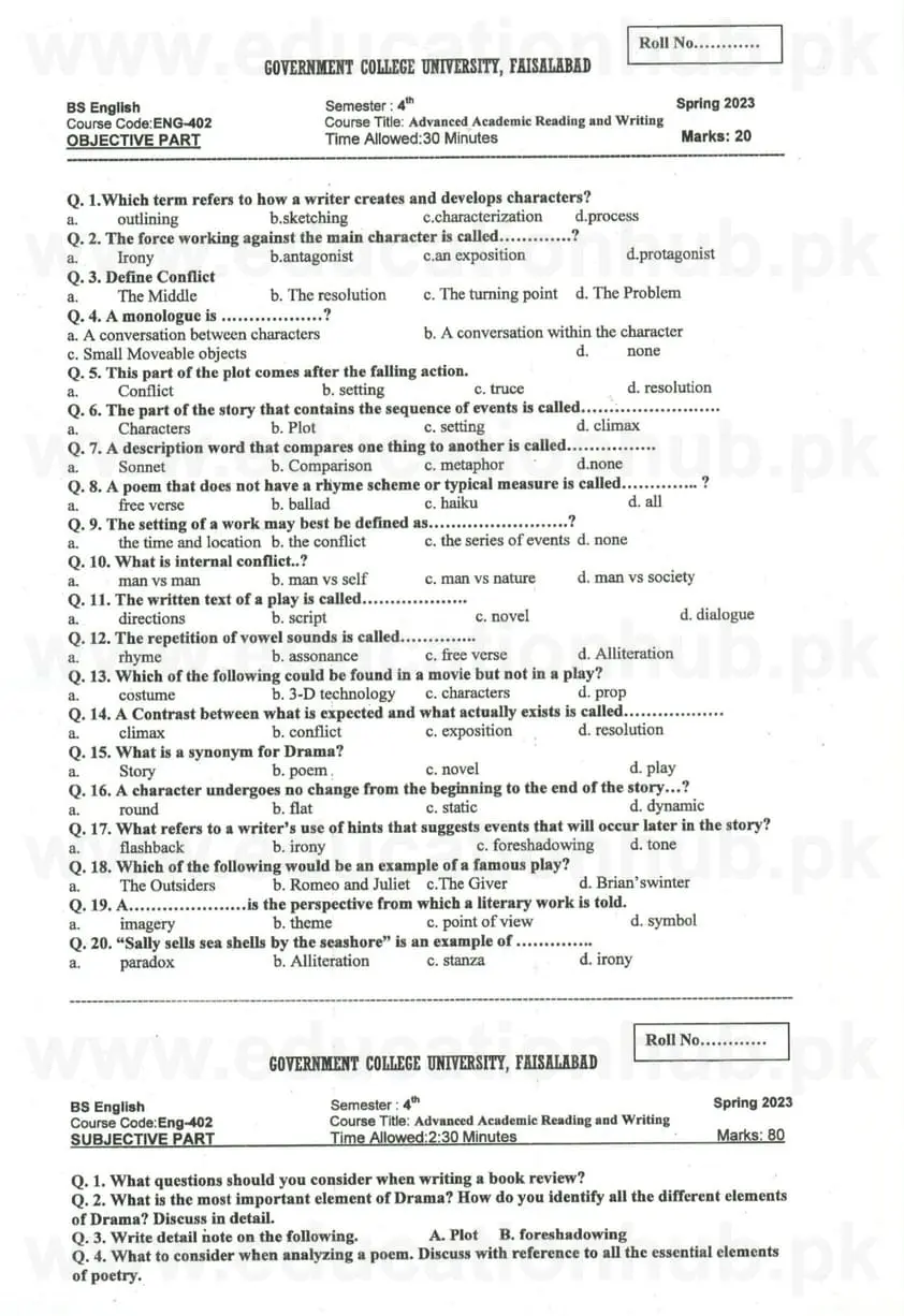 ENG-402 Advanced Academic Reading and Writting BS English GCUF Past paper 2023