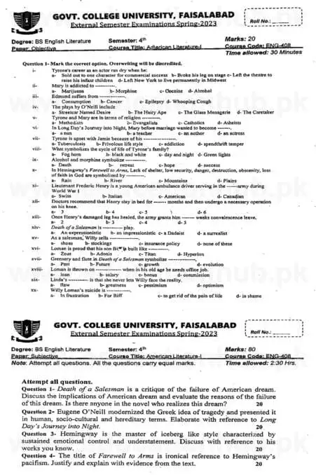 ENG-408 American Literature I BS English GCUF Past papers 2023 Kasur