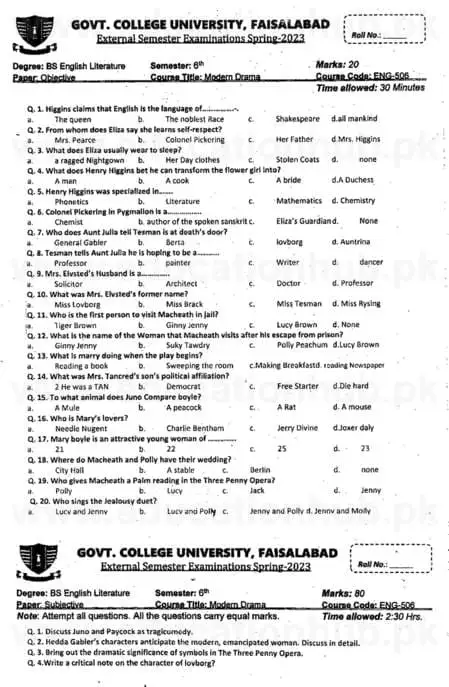 ENG-506 Modern Darama II BS English GCUF Past papers 2023 Kasur